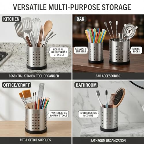 Set of 4 Kitchen Utensil Holder, Stainless Steel Cooking Utensil Organizer Flatware Silverware Holder Drying Rack Cylinder Kitchen Countertop Caddy for Chopstick, Spoon, Fork, Cultery, Straw - view 4