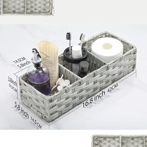 [Larger Compartments] Toilet Tank Topper Paper Basket - Multiuse Hand Woven Plastic Wicker Basket with Divider for Organizing, Rustic Farmhouse Bathroom Decor, Countertop Organizer Storage, Gray Wash - view 3
