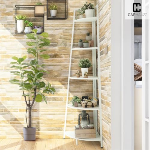 5-Tier Corner Shelf Stand, Tall Display Shelves, Ladder Corner Wood Storage Plant Bookshelf with Metal Frame, Versatile Shelving Unit Bookcase for Home Office Space, White - view 7