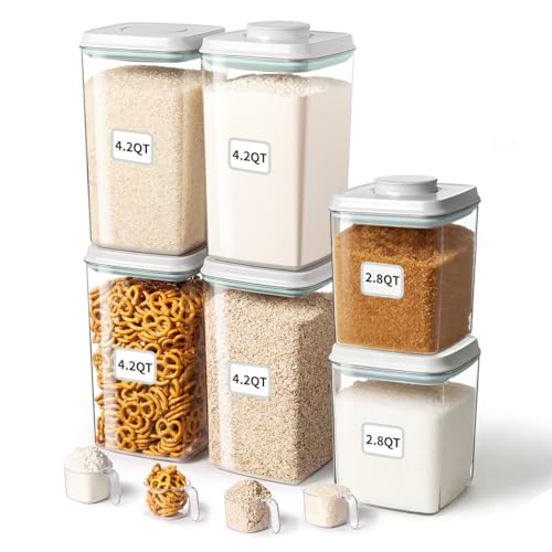 Food Storage Container Sets, 2.8 Qt *2+ 4.2 Qt *4 Airtight Canisters with Lids and 130ml Scoop, BPA-Free Plastic Pantry Containers for Flour, Sugar, Rice