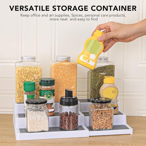 3-Tier Expandable Spice Rack, Plastic Spice Rack Organizer for Cabinet, Adjustable Length, Non-Skid Spice Shelf Organizer for Kitchen Cabinet, Countertop or Pantry, 2 Pack, White/Grey - view 5