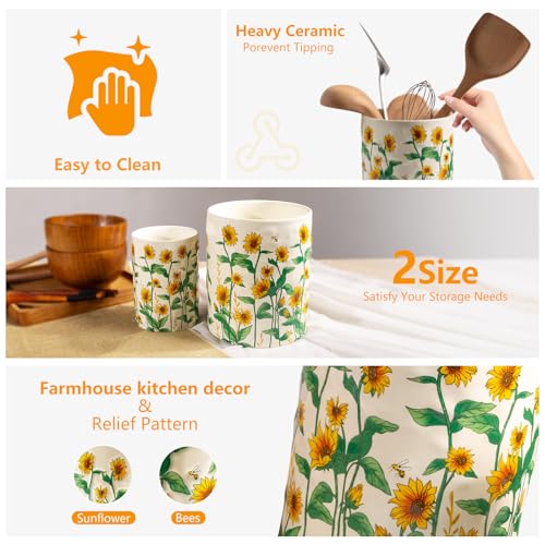 Sunflower Utensil Holder, 7.1"+5.4" Ceramic Utensil Holder for Kitchen Counter, Cooking Utensil Crocks for Countertop, Utensil Storage Container Organizer for Spoon, Sunflower Farmhouse Kitchen Decor - view 4