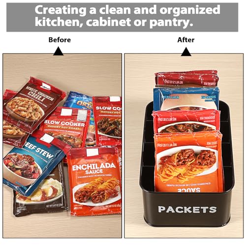 Seasoning Packet Organizer, Food Storage Organizer with Divided 4 Compartments, Metal Storage Caddy for Kitchen Pantry Cabinet, Kitchen Organization Bin for Snacks Spice Packets, Black - view 6