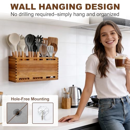 Acacia Wood Large Utensil Holder for Kitchen Counter Organizer Spoon Holder - view 4