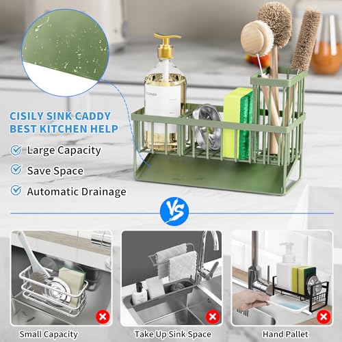 Kitchen Sink Caddy, Sponge Holder for Kitchen Sink, Kitchen Sink Organzier and Storage with High Brush Holder, 304 Stainless Gadgets Sink Accessories, Organizadores de Cocina Sage Green - view 2