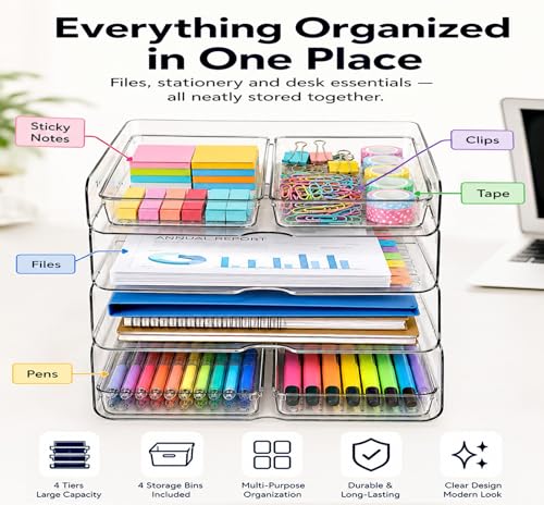 4 Tier Desk Organizer, Clear Paper Tray with 4 Storage Bins - view 2