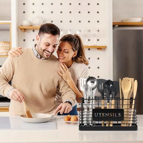 Utensil Holder for Kitchen Counter with Diatomaceous Earth Base, Large Black Metal Cooking Tool Organizer with 3 Compartments, Countertop Utensil Holder for Spatula and Kitchen Utensils - view 7