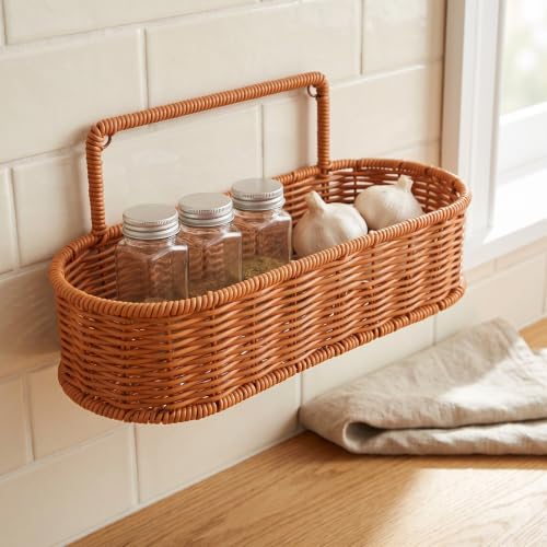Oval Wall Hanging Woven Basket Bin with Handle, Brown PP Iron Organizer - view 5