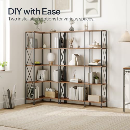 Corner Bookshelf, 5-Tier L-Shaped Bookcase, Industrial Open Display Shelf Tall Storage Organizer, Vertical Storage Rack, for Living Room, Home Office, Rustic Brown and Black BF60SJ01 - view 4