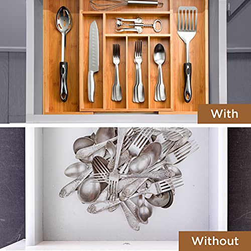 Bamboo Drawer Organizer - 8 Compartment Expandable Silverware Organizer and Utensil Holder, 17 Inch Long, 13 to 22 Inch Wide, 2 Inch Deep Kitchen Cutlery Tray Insert for Flatware Knives Large Utensils - view 4
