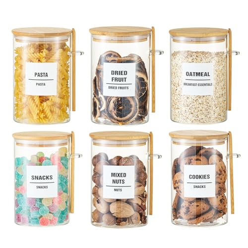 6 Pack 32oz Glass Jars with Bamboo Lids,Glass Storage Containers with Lids,Clear Airtight Food Storage Jar for Coffee,Tea,Sugar,Flour,includes 168 Pantry Labels & Spoons,3mm Thick Canisters