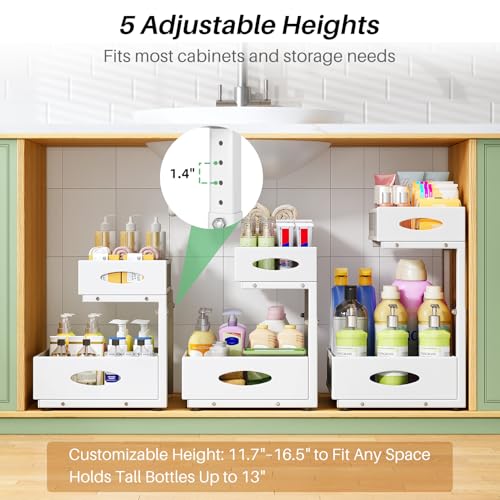 Under Sink Organizer, 2-Pack Pull Out Cabinet Organizer 2 Tier Metal Slide Out Storage Shelf Rack, L-Shaped Adjustable Height,Mesh Sliding Drawer for Kitchen, Bathroom, Laundry, Pantry, White, XL - view 5