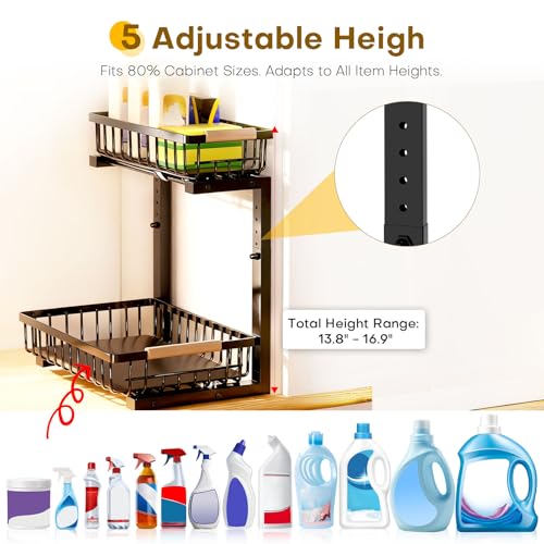 Under Sink Organizer, Heavy-Duty & Rust-Resistant Carbon Steel Metal, 2 Tier Pull Out Under Bathroom Sink Storage, Adjustable Height (13.8" -16.9"), Organizer for Kitchen Cabinet(2PCS,Black) - view 3
