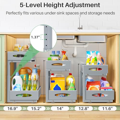 2 Pack Under Sink Organizer, 2 Tier Pull out Cabinet Organizer Mesh Baskets with 5 Adjustable Heights, Sliding Drawers Storage Shelf for Home, Kitchen, Bathroom, Pantry, Office, Countertop,Grey - view 4