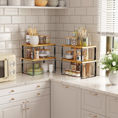 Bamboo Cabinet Organizer Shelf, Set of 2 Kitchen Counter Shelves, Stackable Expandable Spice Rack Kitchen Storage, Black and Natural Beige - view 6