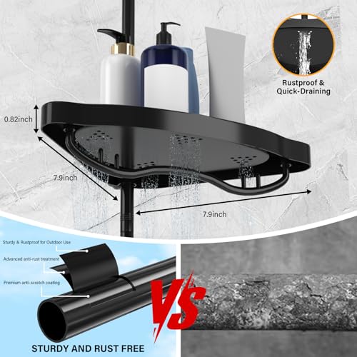 Black Corner Shower Caddy Tension Pole - Heavy Duty Rustproof Stainless Steel Shower Organizer with 4 Adjustable Shelves, No-Drill Free Standing for Bathroom, Bathtub, RV,54" to 114" Tall - view 5