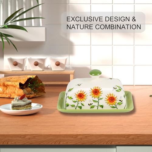 Butter Dish with Lid for Countertop, Sunflower Butter Keeper Holder, 7.5”x4.3” Large Ceramic Butter Tray Storage Sunflower Decor Mother's Day Gifts - view 3