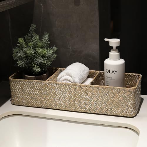 Seagrass Storage Basket 3 Sections Woven Shelf Baskets with Compartment (Whitewash, 14.6inch x 4.7inch x 3.1inch) - view 5