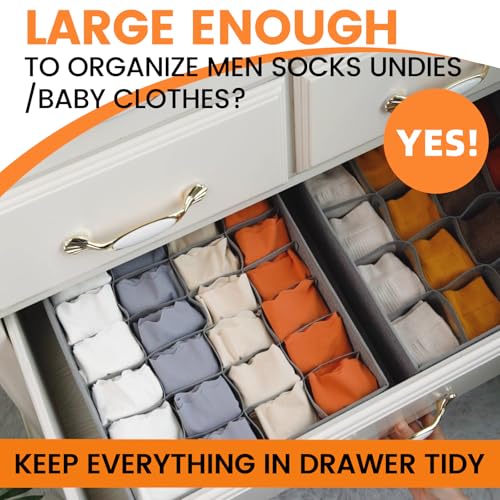 3 Pack Sock Underwear Drawer Organizer Dividers, 64 Cell Fabric Foldable Dresser Organizer for Closet Organizers and Storage Boxes for Organizing Socks, Underwear, Ties (16+24+24 Cell, Gray) - view 3