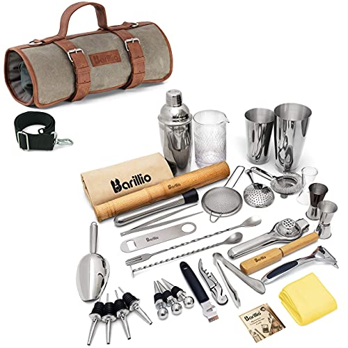 Cocktail Shaker Set Bartender Kit Bundle With Travel Bartender Bag: Complete Bar Tool Set | Barware Essentials, Premium Mixology Gear & Waxed Canvas Bartender Roll