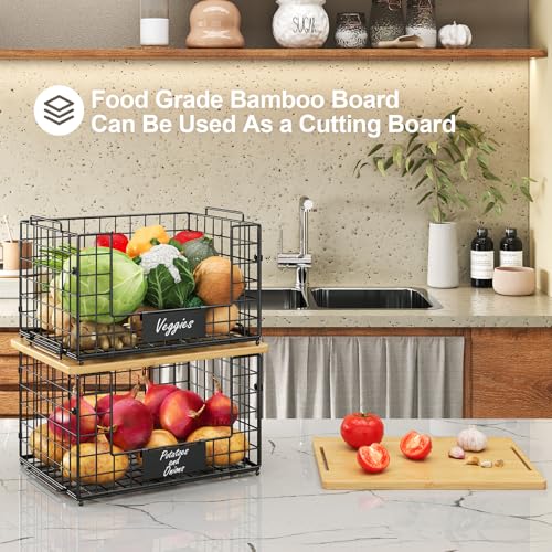 2 Pack Stackable Wire Baskets with Bamboo Top,Pantry Organizers Counter - view 3