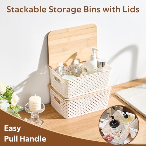 8 Pack Plastic Storage Bins with Bamboo Lids - Stackable Storage Baskets with Handle for Pantry Organizer and Storage, Plastic Containers Bins Lidded Storage Bins for Classroom Office Shelves - view 4