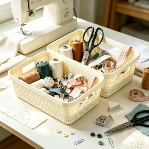 Plastic Storage Baskets, Small Pantry Baskets for Organizing, Woven Basket Organizer Basket Bins for Shelves, Organizer and Storage for Bathroom, Bedrooms, Kitchens (Milky white) - view 6