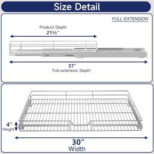 Pull Out Cabinet Organizer, 30" W x 21.5" D, Heavy Duty Chrome Slide Out Shelf for Wide Base Cabinets, Sliding Wire Basket Drawer for Pots, Pans, Appliances & Pantry Storage - view 2