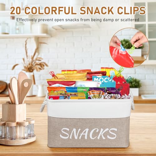 Snack Organizer for Pantry, Decorative Snack Basket with 10pcs Chip Clips, Snack Organizer for Desktop, Collapsible Snack Storage Basket Shelf, Office, Kitchen and More (Beige, Medium-2 Pack) - view 2