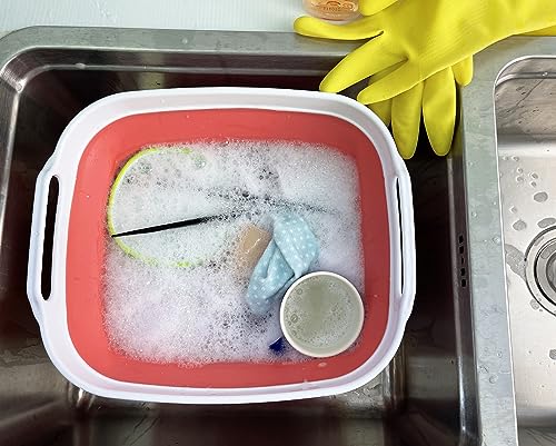 7.5L (2 gallons) Collapsible Plastic Dishpan with Draining Plug - Portable Washing Basin - Foldable Dish Washing Tub - Pop Up Saving (White/Coral Pink, 1) - view 6