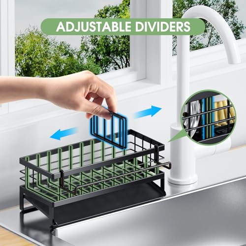Self-Draining Kitchen Sink Caddy, Rustproof Non-Slip Metal Sponge Holder with Detachable Dish Cloth Holder (Black) - view 5