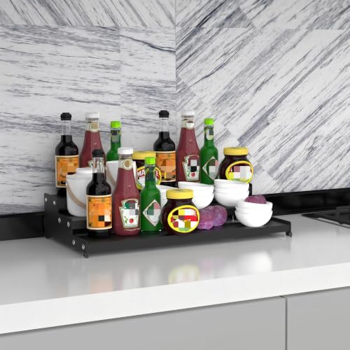 Spice Rack Organizer 3 Tier Expandable Display Shelf(12.8"-24.01" W) Non-Skid Heavy Duty Sturdy Metal Iron Alloy Steel Step Racks 1 Pack/Black - view 2