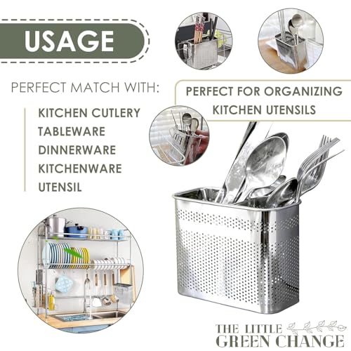 Kitchen Utensils Chopsticks Holder Drying Rack Basket with Hooks 2 Divided Compartments Quality Stainless Steel Large L5.4 X H4.3 X W2.6 - view 6