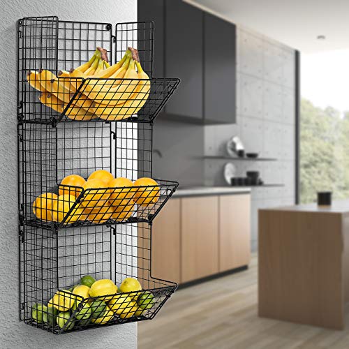 Hanging Fruit Basket Wall Mounted Wire Metal Bins - 3 Tier Storage Basket Organizer for Kitchen Storage, Great for Produce Fruits & Vegetables, Potato Onion Storage Bathroom Tower (Black) - view 2