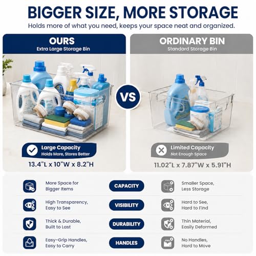 4 Pack Extra Large Clear Plastic Storage Bins 13x10x8in Organizers - view 5