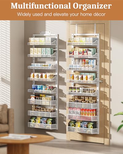 Over the Door Pantry Organizer 8-Tier, Large Metal Door Spice Rack with Adjustable Basket, 2 in 1 Wall Mount or Hanging Heavy-Duty Pantry Door Storage Shelf for Kitchen and Bathroom, White - view 4