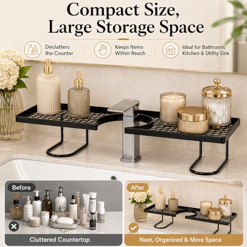 Behind the Faucet Sink Organizer, No-Drill over the bathroom sink shelf Tool-Free Compact Countertop Faucet Organizer Storage Rack Stand Hollowed-Out Bottom Easy Drainage For Kitchen Bathroom (Black) - view 5