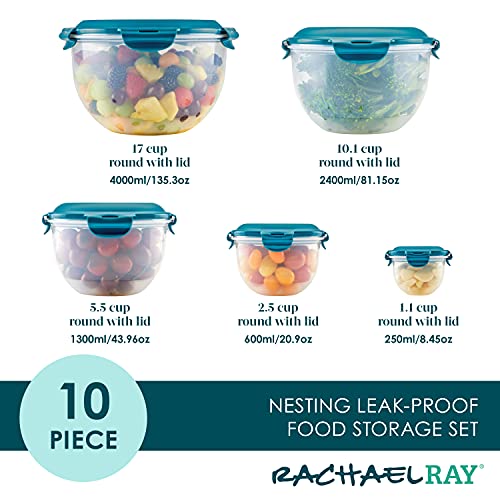 Leak-Proof Nestable Container Food Storage Bin Set, 10-Piece, Clear with Teal Lids - view 2