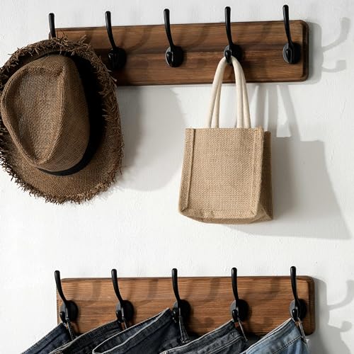 Rustic Coat Rack Wall Mount, 5 Hooks, 17 Inch, Solid Wood, Brown - view 4