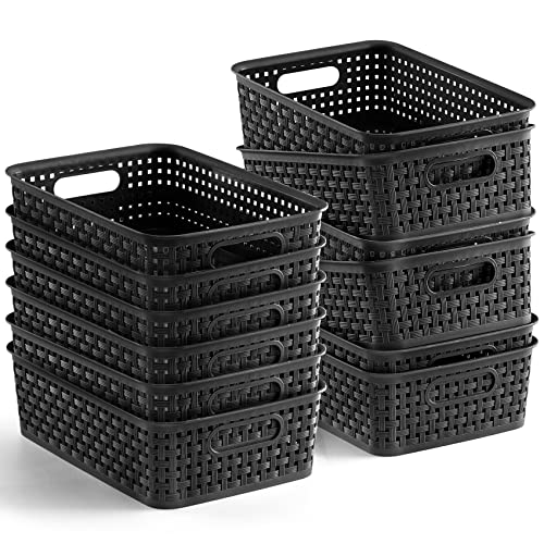 [12 Pack] Plastic Storage Baskets, Small Pantry Organization and Storage Bins, Household Organizers for Laundry Room, Bathrooms, Kitchens, Cabinets, Countertop, Under Sink or Shelves, Black