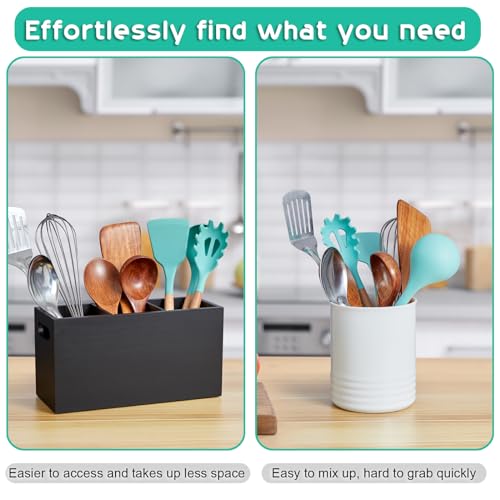 Black Kitchen Utensil Holder for Countertop - Wooden Large Utensil Caddy Organizer for Counter - 3 Compartment Cooking Utensil Crock for Silverware Spoon Spatula - view 3