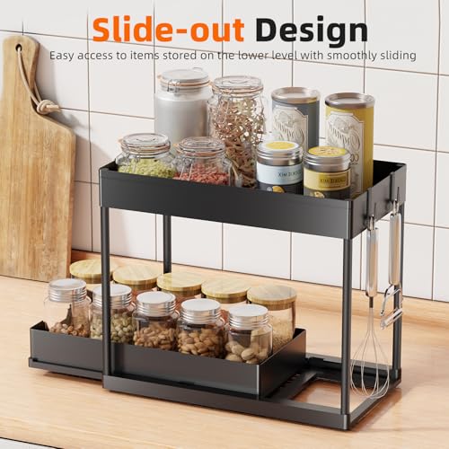 Under Sink Organizer 2 Pack, Sink Pull-Out Sliding Storage Cabinet, 2-Tier Under Shelf Organizer for Kitchen Bathroom, Black - view 4
