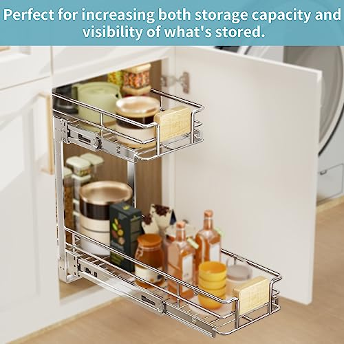 2 Tier Pull Out Cabinet Organizer 7½" W x 21½" D, Slide Out Drawers with Wooden Handle, Sliding Shelves Organization and Storage for Kitchen, Pantry - view 6