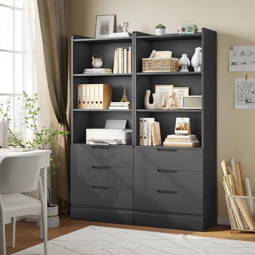 Bookcase with 3 Drawers and Shelves 73.23'' Tall Bookshelf with Storage Modern Wood Closet Drawers System,Closet Organizer Unit Freestanding Tall Storage Cabinet for Home Office,Bathroom,Black - view 2