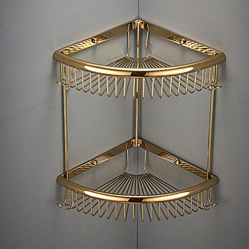 Rust-Free 2-Tier Brass Shower Caddy - Wall-Mounted Corner Shelves with Hooks for Shampoo & Bath Accessories, Space-Saving Bathroom Storage Solution