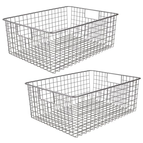 Metal Wire Food Storage Basket Organizer with Handles for Organizing Kitchen Cabinets, Pantry Shelf, Bathroom, Laundry Room, Closets, Garage - Concerto Collection - 2 Pack - Graphite Gray