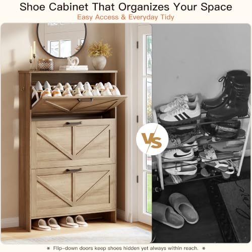 3-Drawer Flip Shoe Storage Tower – Slim-Profile Freestanding Rack with Adjustable 3-Tier Shelving, Rustic Shaker Barn Door Style, and Warm Caramel Finish – Compact Boot & Shoe Organizer - view 6