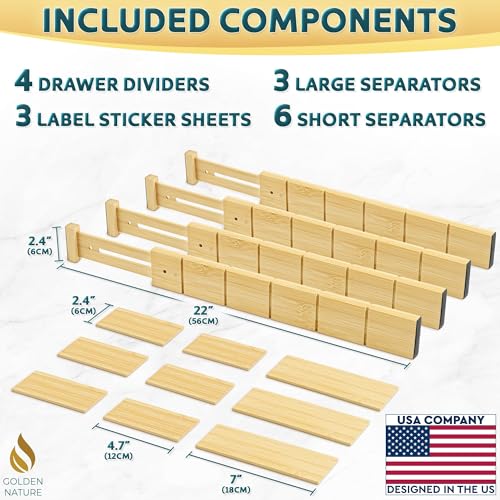 Bamboo Drawer Organizer - with Inserts & Labels, 17-22" - Adjustable Spring Loaded Kitchen Dividers for Utensils & Junk Storage - Expandable Silverware Separators for Organization - view 6