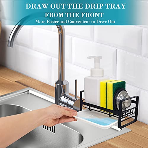 Kitchen Sink Caddy Sponge Holder Organizer, Sink Tray Drainer Rack, Soap Dish Dispenser Brush Holder Storage Accessories - Countertop or Adhesive Wall Mount, Matte Black Stainless Steel - view 3