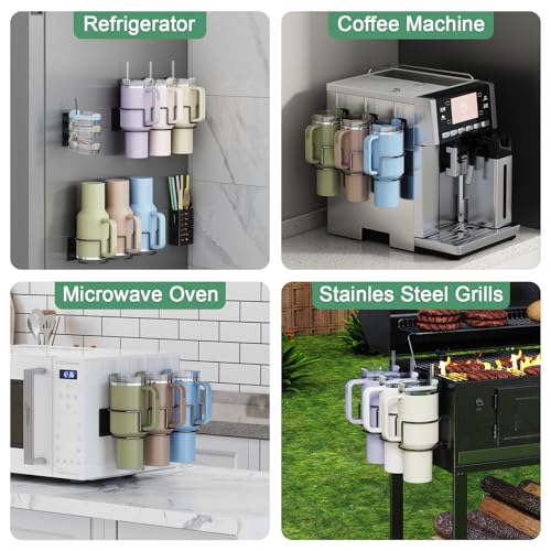 Magnetic Cup Holder for Fridge, Tumbler Organizer with 8-Hook Rack, Fits 20/30/40 oz Stanley Cups, Accessory Storage with Lid & Straw Holder, Water Bottle Organizer for Kitchen Refrigerator - view 7